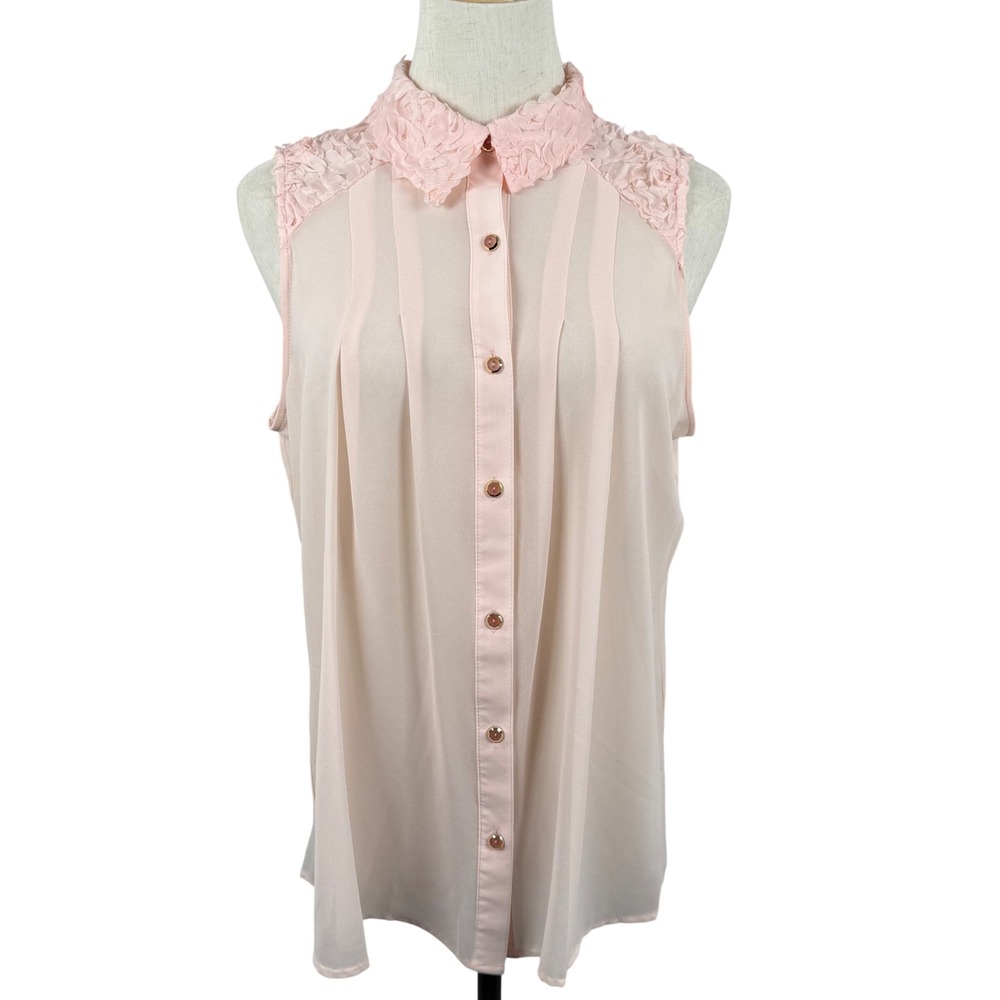 NY Collection Women M Sleeveless Blouse Pink Rosette Lace Pleated Sheer Romantic